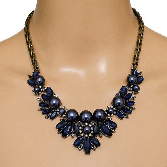 Banana Republic Jewelry - Banana Republic Wimsigoth Statement Necklace Brass Tone Navy Blue Rhinestones